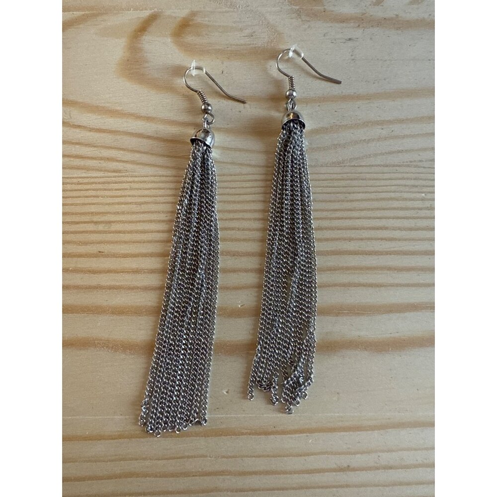 Silver Chain Tassel Dangle Earrings With Hook Closure